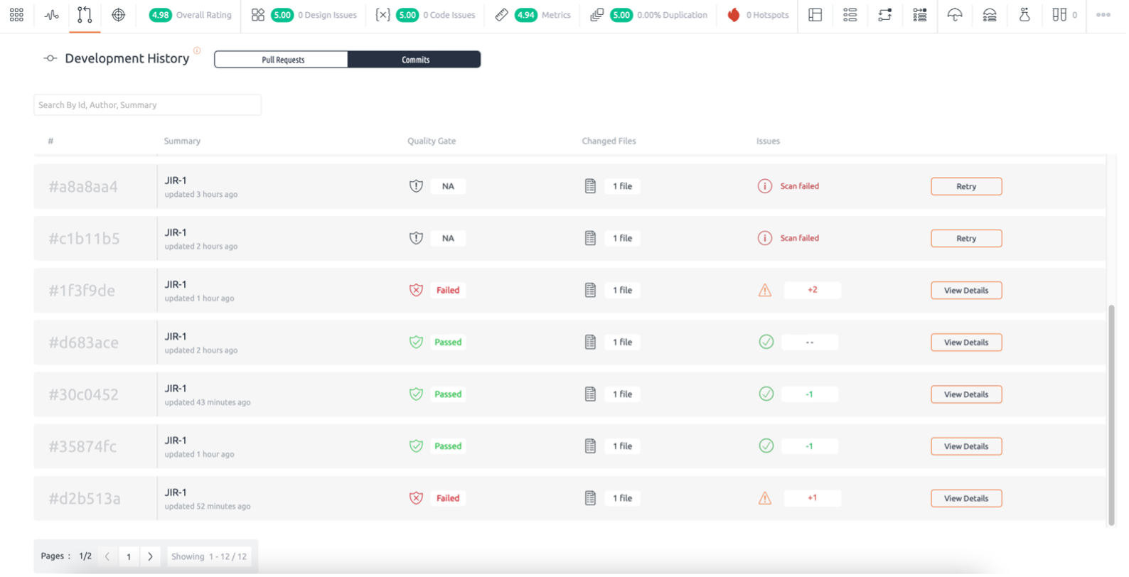 commit history on Embold Product